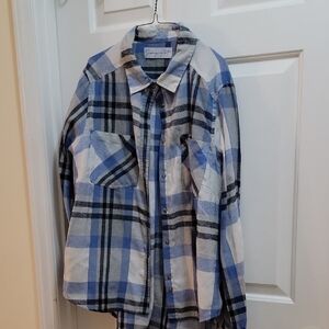 Blue and Gray Plaid Button-Up Shirt 1X